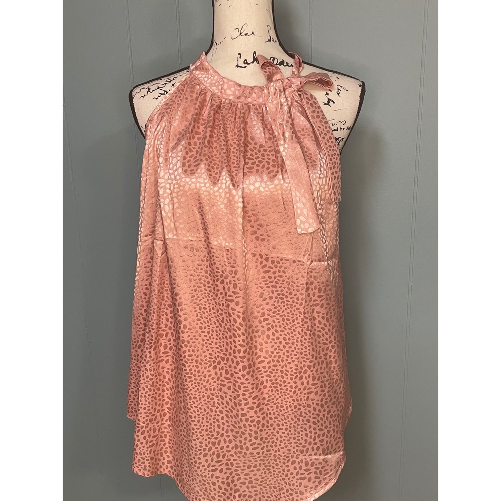BTFBM Halter Top Womens XXL Pink Satin‎ Jacquard Leopard Tie Neck Blouse